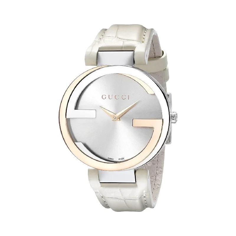 Thin band watches-Gucci Women's YA133303 Interlocking 18k Gold White Leather Watch