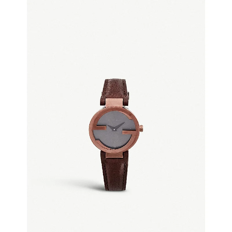 Flex strap watches-Gucci Women's YA133504 Interlocking Brown Leather Watch