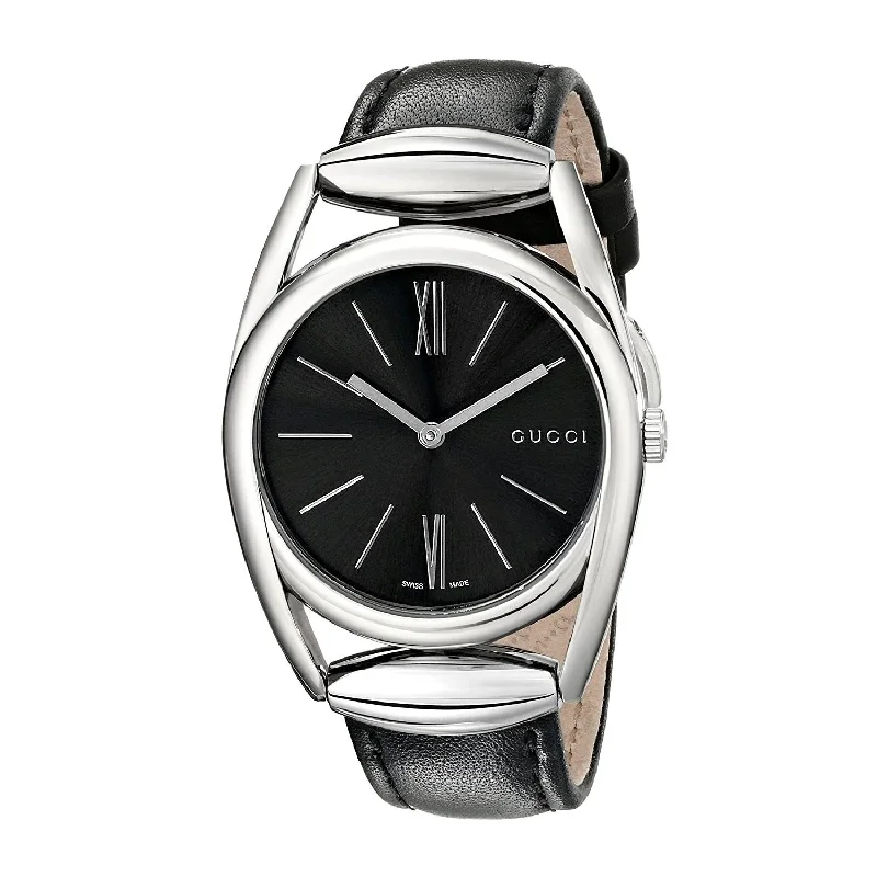 Carved case watches-Gucci Women's YA139401 Horesebit Black Leather Watch