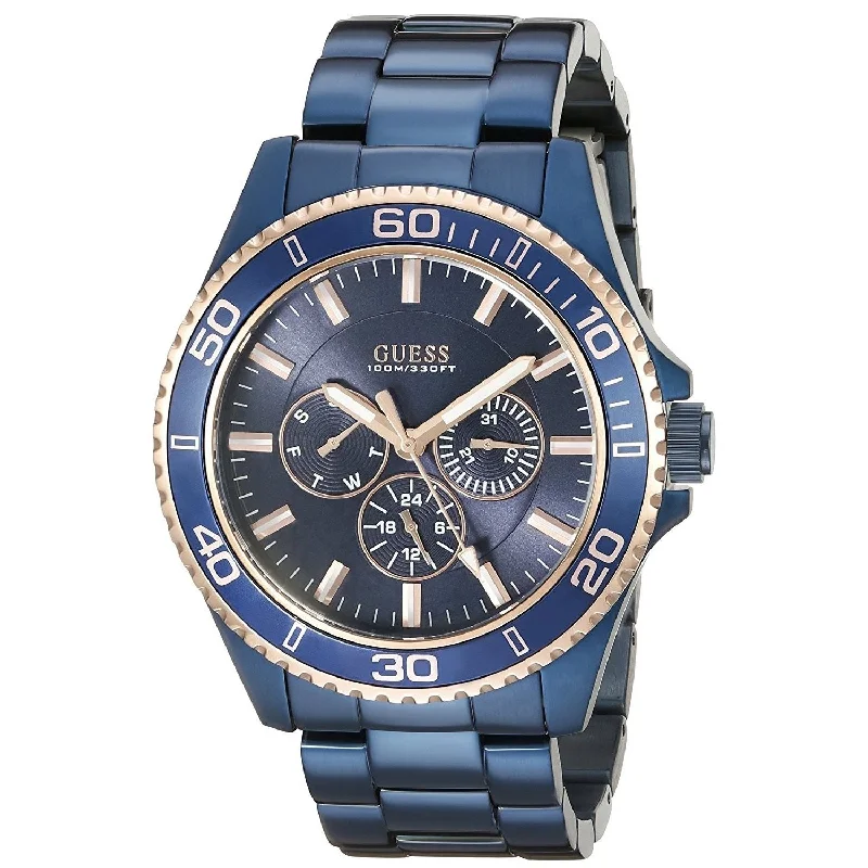 Green strap watches-Guess Men's U0172G6 Classic Multi-Function Blue Stainless Steel Watch