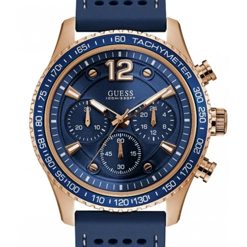 Shiny gold watches-Guess Men's U0971G3 Fleet Chronograph Blue Rubber Watch