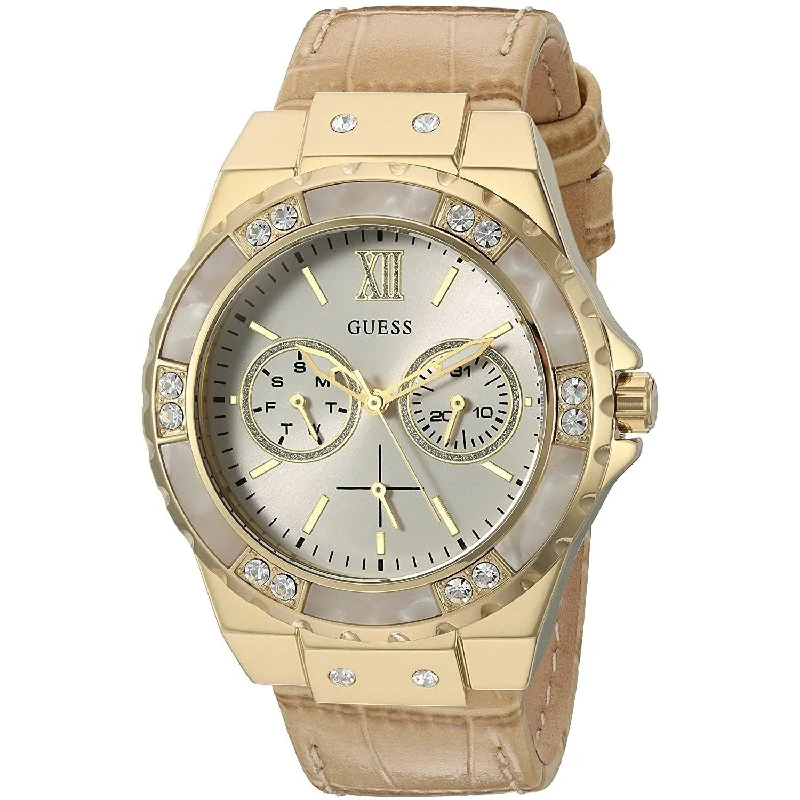 Pure quartz watches-Guess Women's U0775L2 Multi-Function Crystal Brown Leather Watch