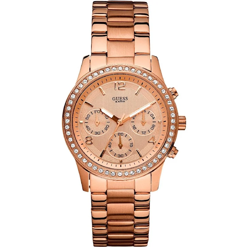 Pink dial watches-Guess Women's W0122L3 Classic Chronograph Crystal Rose-Tone Stainless Steel Watch