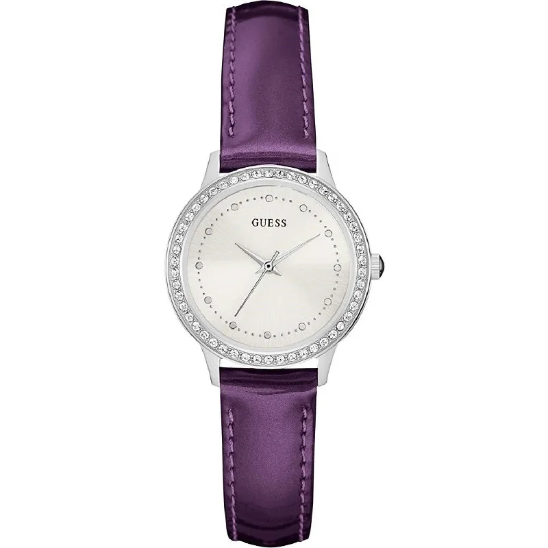 Elite strap watches-Guess Women's W0648L10 Chelsea Crystal Purple Leather Watch