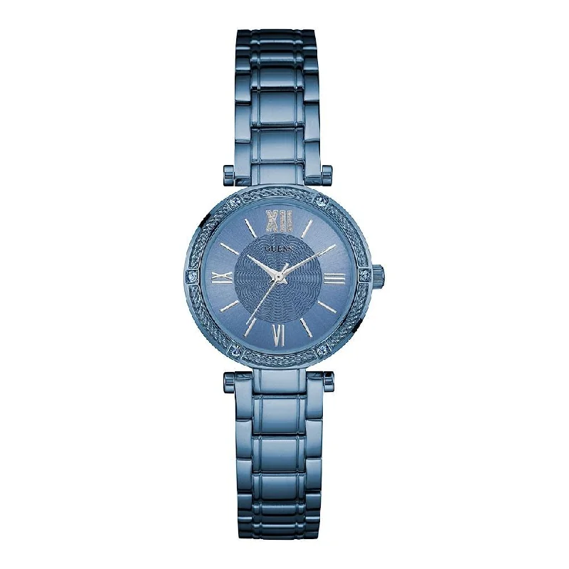 Retro wide watches-Guess Women's W0767L4 Park Ave Crystal Blue Stainless Steel Watch