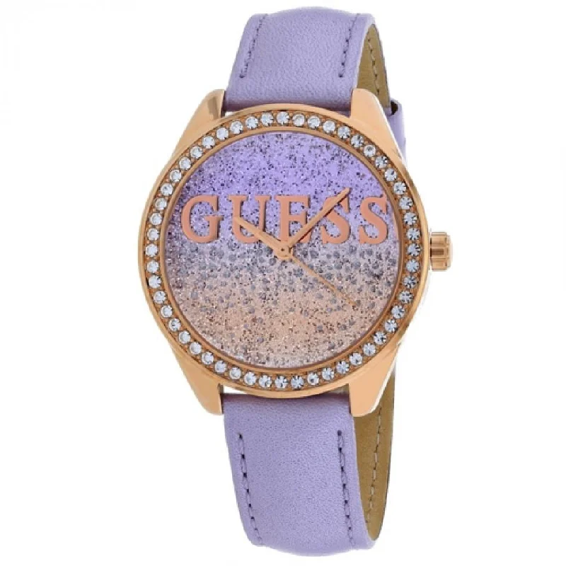 Gloss finish watches-Guess Women's W0823L11 Glitter Girl Crystal Purple Leather Watch