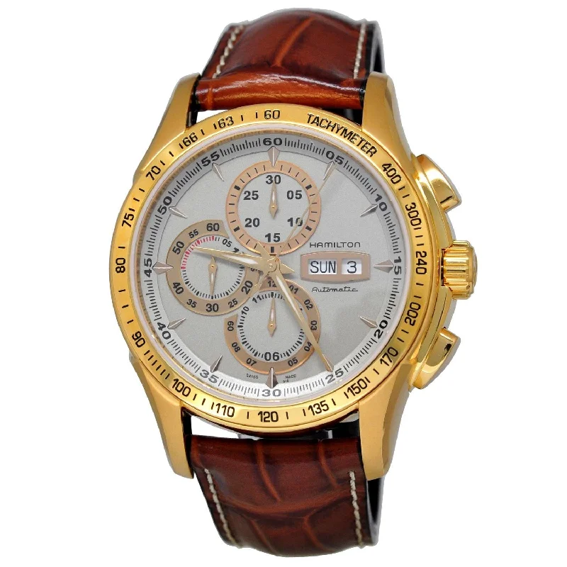 Daily pure watches-Hamilton Men's H32836551 Jazzmaster Lord Chronograph Automatic 18kt Yellow Gold Brown Leather Watch