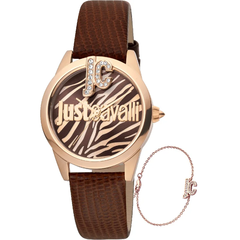 Wide strap watches-Just Cavalli Women's JC1L099L0035 Just Trama Brown Leather Watch