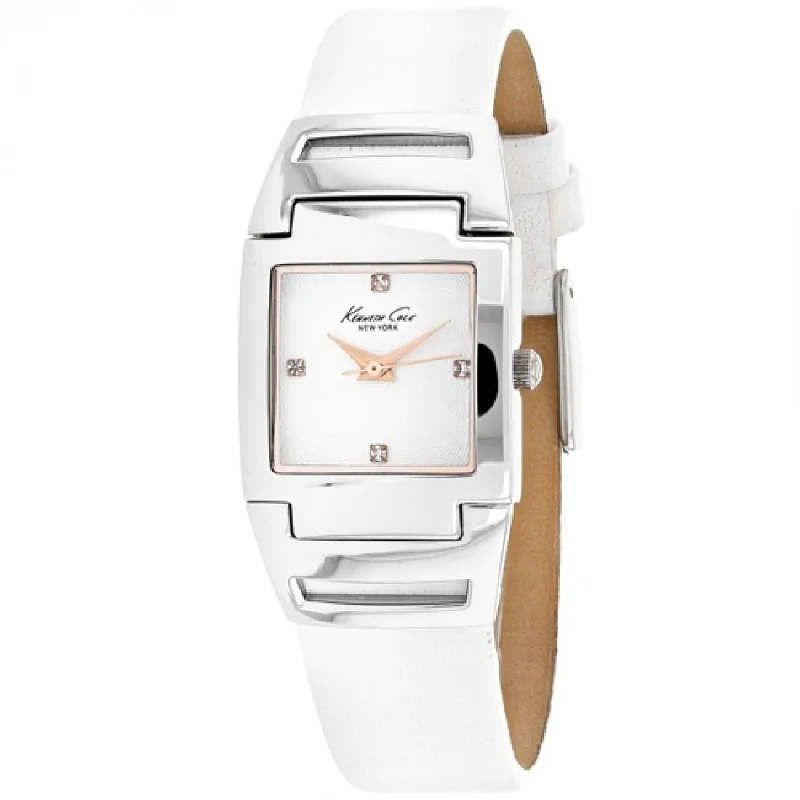 Fine slim watches-Kenneth Cole Women's 10008359 Classic Crystal White Leather Watch